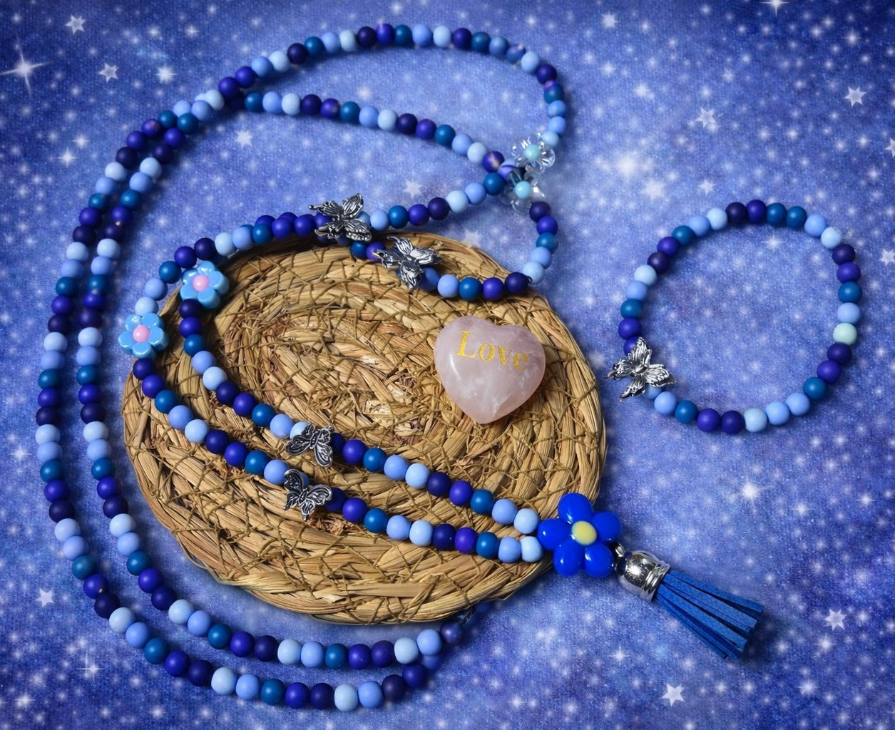 💙 Collier Mala & Bracelet assorti – Douceur bleutée