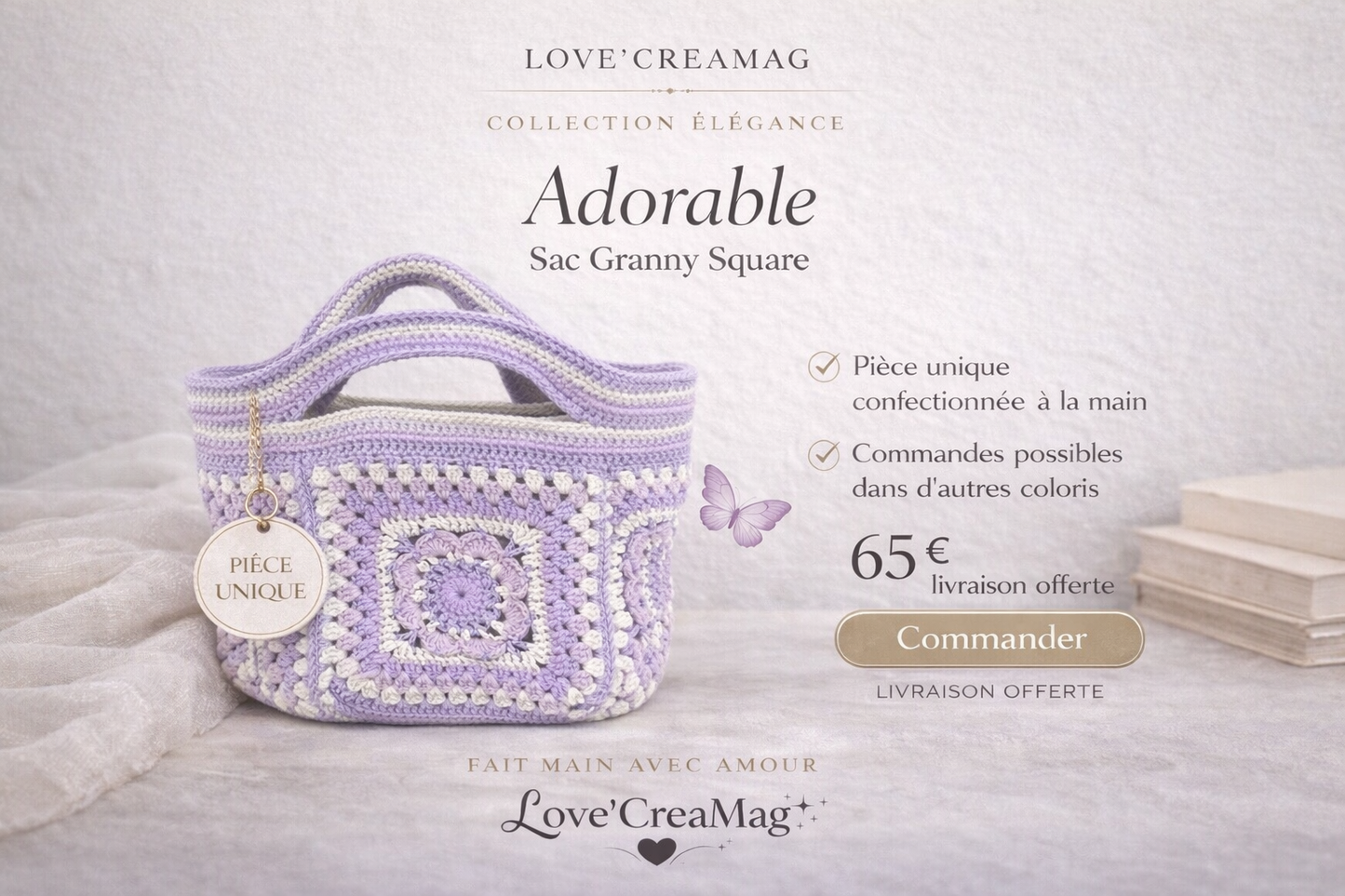 L’adorable sac à main Granny Square au crochet en violet et blanc lurex