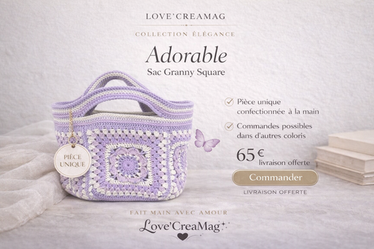 L’adorable sac à main Granny Square au crochet en violet et blanc lurex